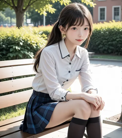 score_9, score_8_ up, score_7_ up,cute girl,sunlight,school uniforms,slender,thin body,(thin:1.5),(Lanky:1.5),younger:1.1,young cute girl,( white skin:1.2),(blouse buttons off:1.5),(Raise your knees and open both legs:1.5), sitting on a park bench, normal ...