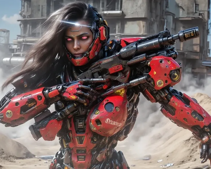 droid,  women's body, very pretty and sexy, mechanical parts on his skin, red and black mechanical parts, has a futuristic rifle in his hand, In the background a destroyed city, long hair,  breasts, red eyes, AuriculAres,  protective glasses ,  apocalypse,...