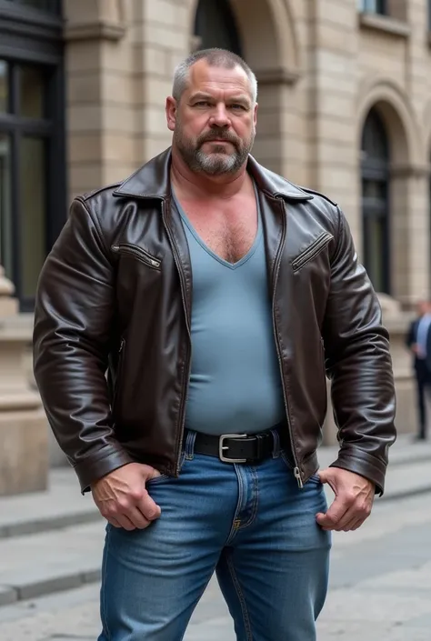 the picture is a photo, that a bald, middle man with an extremely large, muscular build, shows extremely large,  excessive muscles , especially in his arms, breast, legs and buttocks, stands outdoors in a modern urban environment. The man has a muscular bu...