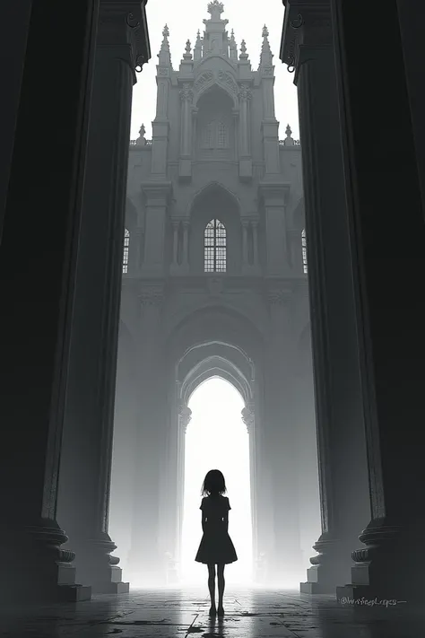 A silhouette of a girl entering a large building, just her in the middle looking at the huge building.
