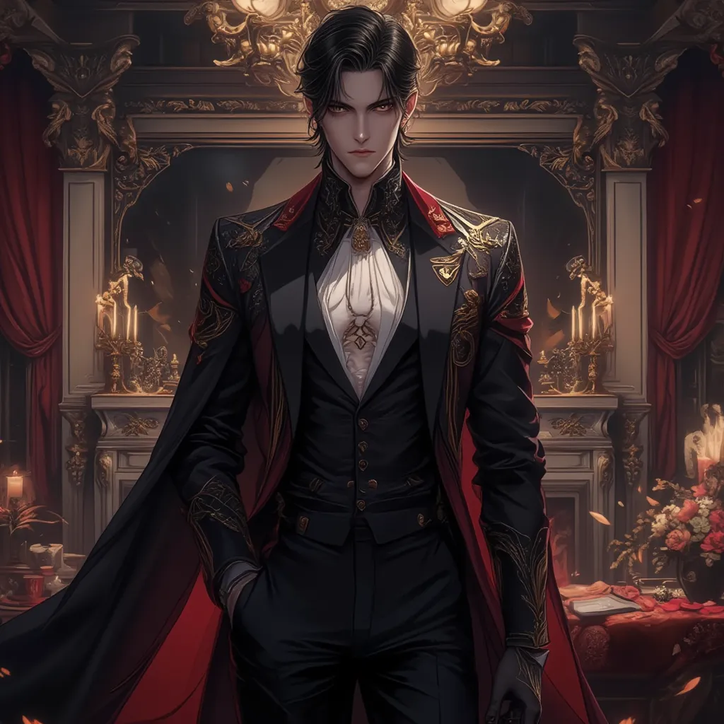 anime style  nobleman with short slicked back black hair golden eyes