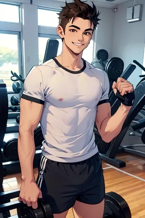 Perfect face. Perfect hands. A spiky black haired man with brown eyes in a tight t-shirt and shorts is smiling while working out in a gym.