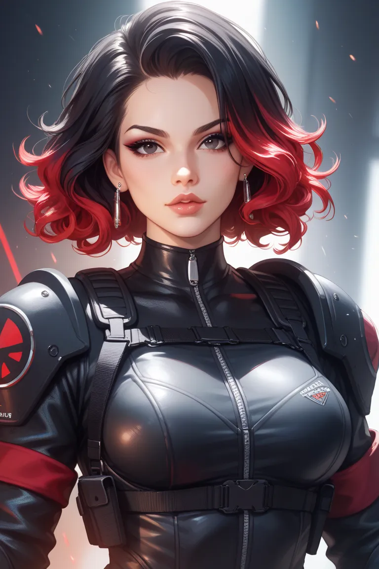 Create a Procreate-style digital painting of a female protagonist in a sleek black tactical suit, standing in a dynamic yet elegant pose. She has black eyes and long, flowing black hair, with a fierce yet graceful expression. The lighting should have a cri...