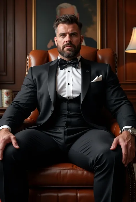 a muscular male mature bodybuilder businessman in a tight tuxedo, self-confident, dominant, sitting with his legs spread, huge arms, huge thighs, massive thighs, muscular thighs, huge muscles, big fat huge oversized dick, strong jaw, muscular in an office ...