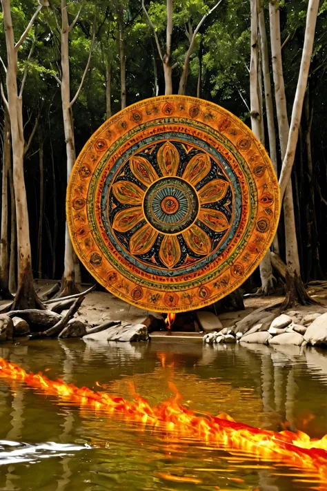 "Create a vibrant and mystical image that represents the connection between African mythology and wisdom. The image should include symbols of the Orixás, with a spiritual and sacred atmosphere. Incorporate elements of nature, such as water, fire, and trees...