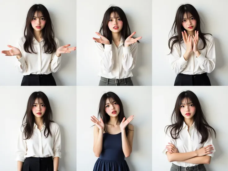 A young and professional woman poses for a stock photo session in a well-lit studio. She wears stylish and modern clothing, such as a white blouse with dark dress pants or a casual yet sophisticated dress. The background is neutral, either white or light g...