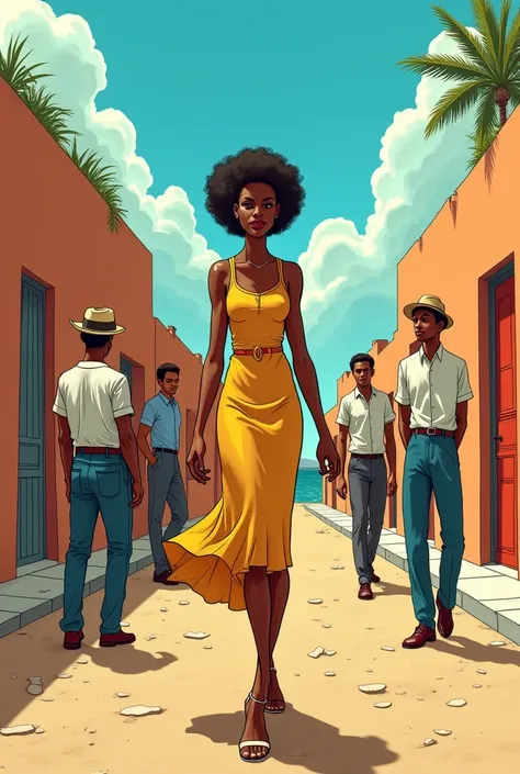  creates an image like this :  In the 1940s , in Cape Verde, On the island of Santo Antano, A young black woman is walking down the street and there are several men watching her in a harassing way and the image is in cartoon style