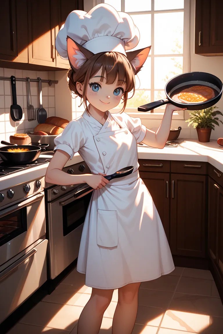 "A cute cat cooking in a kitchen, wearing a chef hat, with a frying pan in its paws"