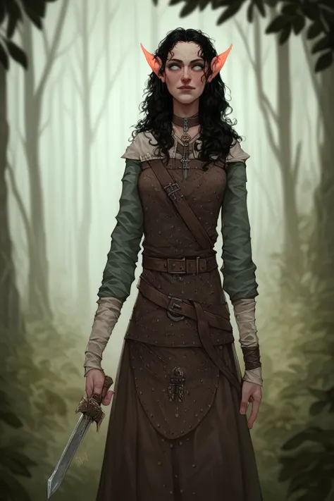 (( man)), ((robber with crossbow and dagger)), black hair,  tiefling, in medieval poor torn clothes, thug , (blurred background). against the background of a scary dense forest.