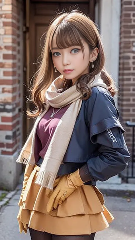 ((layer skirt:1.3))、)camel colored long sleeve zip blouson with front closure)、(gloves:1.3)、scarf、tights、blond hair、 blue eyes、standing in front of a brick-colored brick wall、greatest masterpiece:1.3、Best Quality、Raw photo quality、16k、super detailed depict...