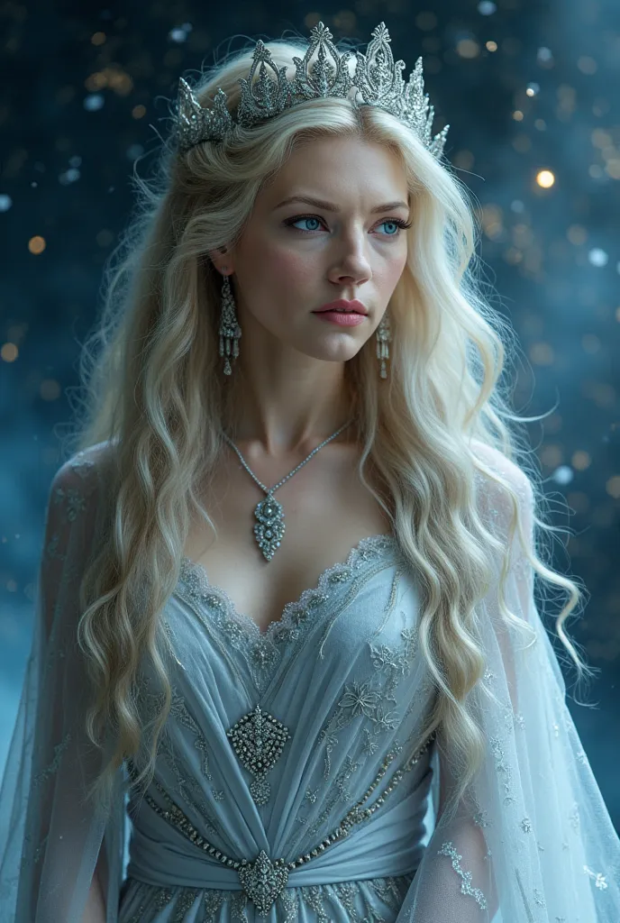 Create a hyper-detailed, cinematic portrait of Frigg, the Norse goddess of foresight, marriage, and domesticity. She appears as an ethereal, graceful woman with a serene, compassionate gaze and soft, knowing eyes. Her long, flowing hair—silver-blonde with ...