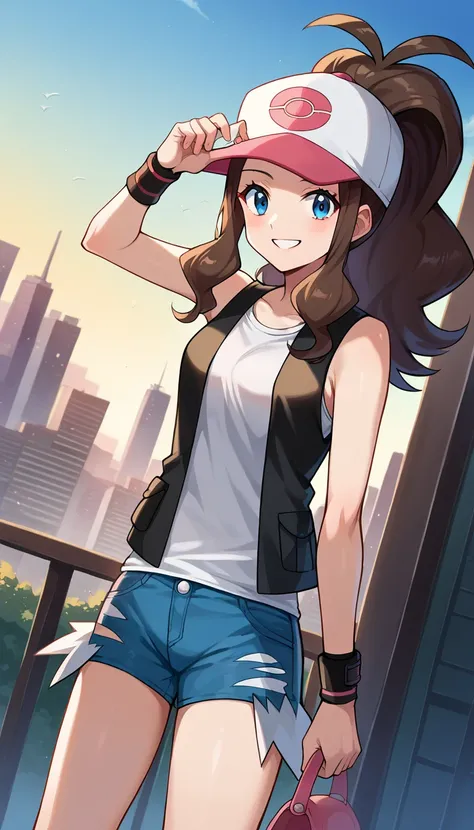 score_9, score_8_up, score_7_up, source_anime, pokemonhilda, blue eyes, brown hair, long hair, ponytail, smile, baseball cap, blue shorts, denim, hat, shorts, vest, wristband, sleeveless, black vest, white shirt, shirt, outdoors, cityscape, looking at view...