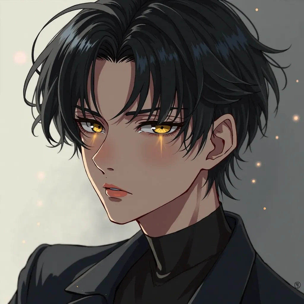 Young noble man with short slicked back black hair and gold eyes anime style