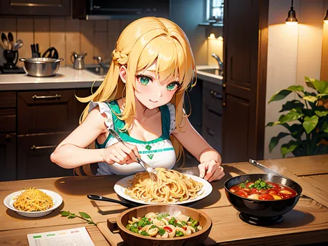 (((Masterpiece:1.3, Best Quality, hight resolution, nffsw, Perfect Pixel,  4K, nffsw, nffsw))), 1girl in, Pasta with Del Monte ketchup sauce、Pasta is thin noodles、Tangle Del Monte ketchup with noodles and then fry thoroughly、noodles become the color of Del...