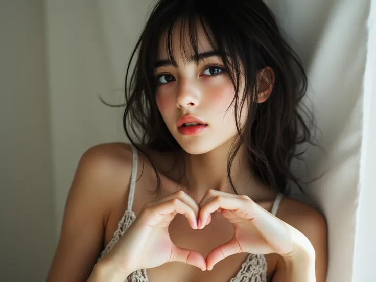 She is in a pose wearing a sexy nightgown, making a big, firm heart shape with both hands, and holding it in front of your chest, Close-up of a smiley face

