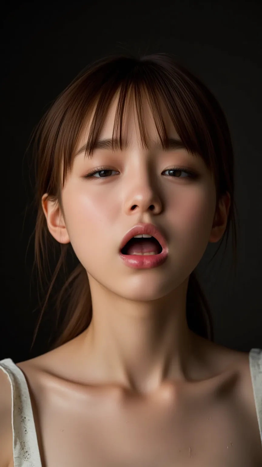   ultra-realistic skin texture 、  Ultra High Definition 、Dark indirect lighting with an erotic atmosphere、An image taken of the face of a  showing her tongue from directly below、facial super close-up、 is naked、random blond straight pixie cut hair 、 long ba...