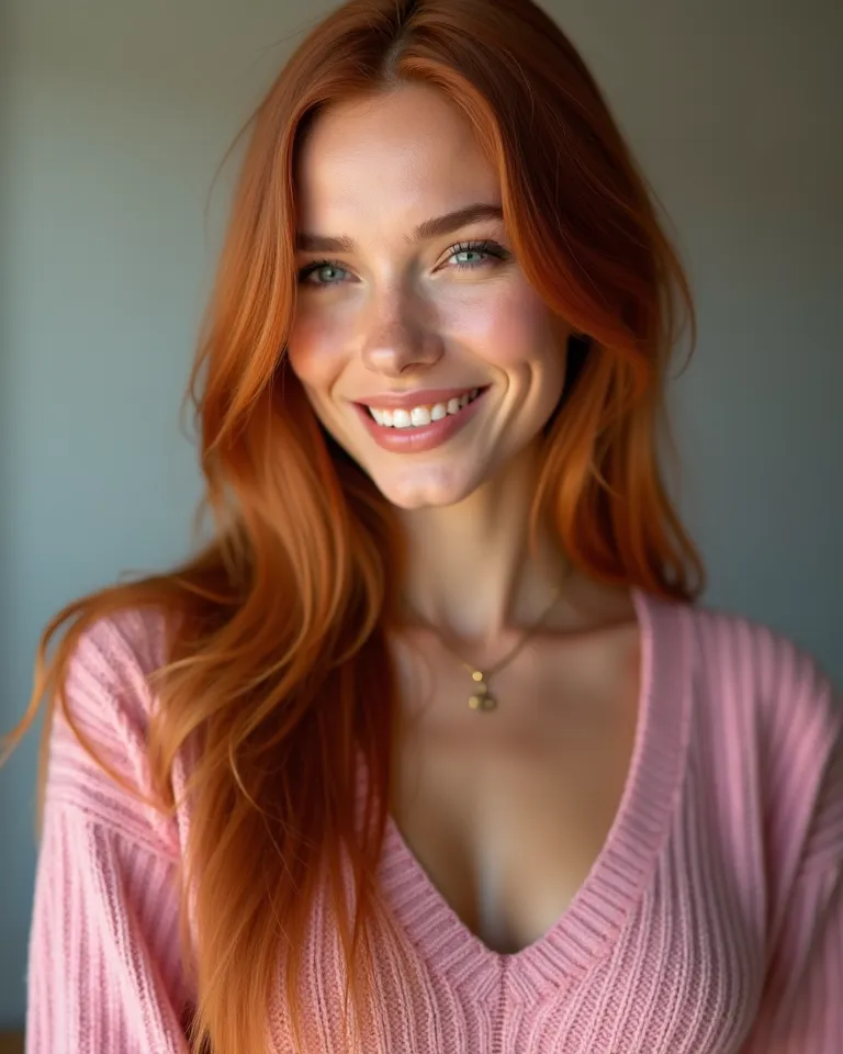 8K-UHD-HDR (Full body photo)
(26 year old Italian female, model. Long straight red hair. Blue eyes, detailed lashes, reflective pupils. Slim face, defined jawline, lip texture. Skin pores. Small breast) Smiling. (Best quality, 8k, 32k, Masterpiece, UHD:1.2...