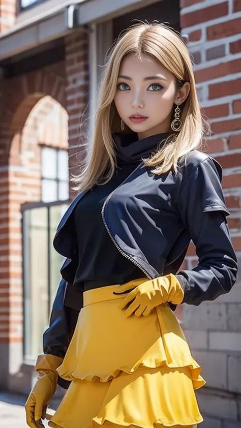 ((layer skirt:1.3))、)camel colored long sleeve zip blouson with front closure)、(gloves:1.3)、scarf、tights、blond hair、 blue eyes、standing in front of a brick-colored brick wall、greatest masterpiece:1.3、Best Quality、Raw photo quality、16k、super detailed depict...