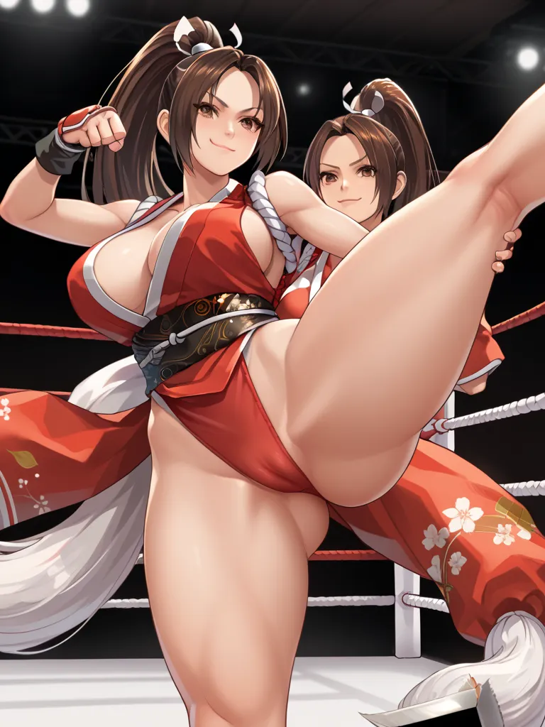 mai shiranui, _ King of Fighters , standing, Women, BREAK score_9, score_8_arriba, score_7_arriba, score_6_arriba, score_5_arriba, score_4_arriba, Trampling , sole de foot, kicrey viewer, Lifting one leg, dynamic pose, from below,  smug face, Camel toe, ma...