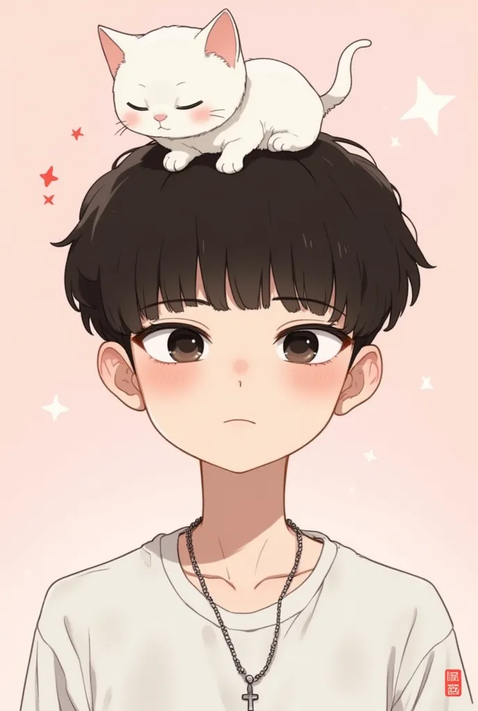  cartoon.a young man with a short wavy haircut. A white kitten sits in her hair. The fair-skinned young man ,  Dark and expressive eyes , and wears a thin and dark necklace.  Her face is serene and its expression neutral.  The artistic style is realistic ,...