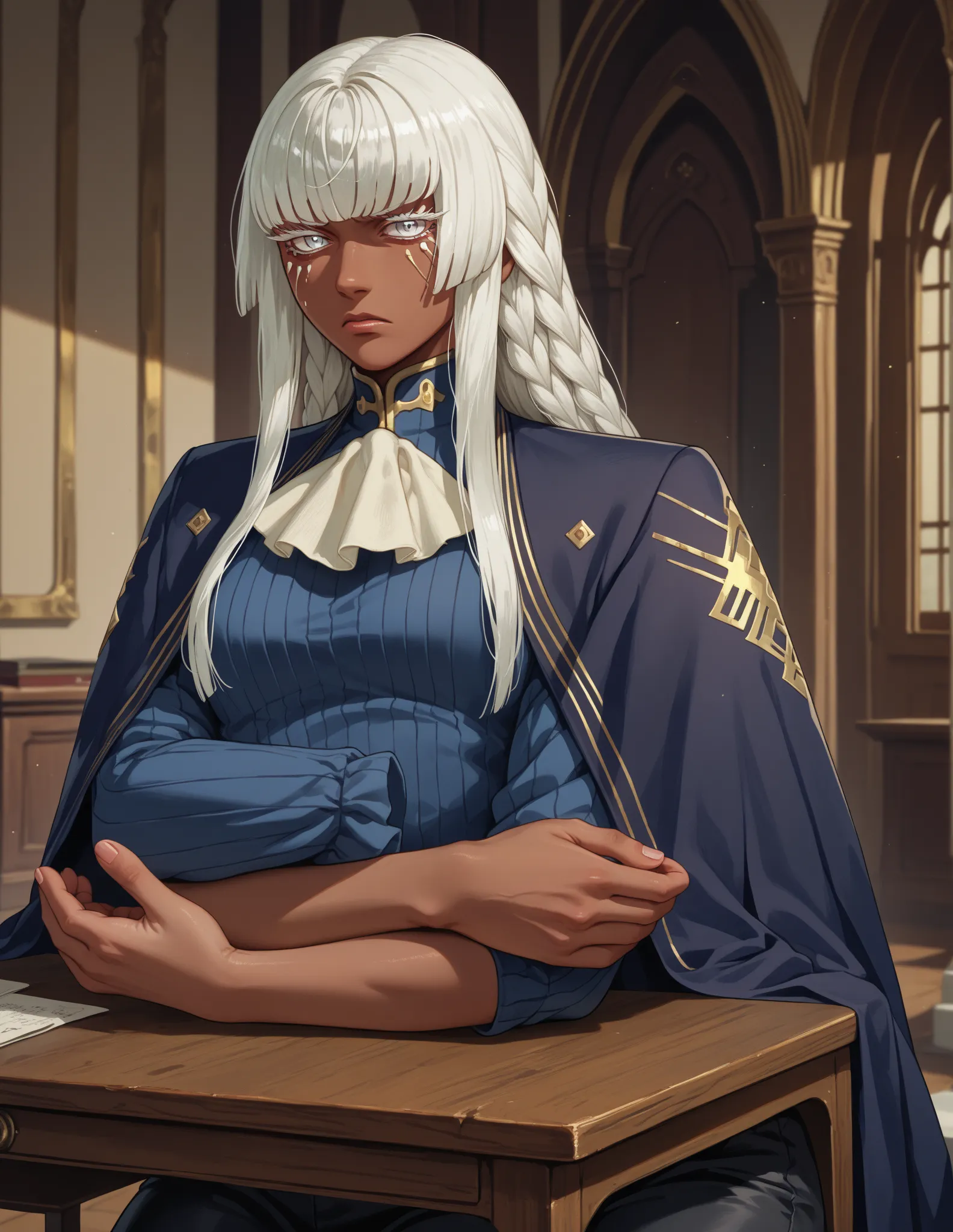 score_9, score_8_up, score_7_up,score_6_up  source_anime,1girl,large chest, brigitta, blunt bangs, white hair, sidelocks, white eyes, dark-skinned female, hime cut, braid,facial mark, colored eyelashes, long hair, white ascot, black cape, blue ribbed shirt...