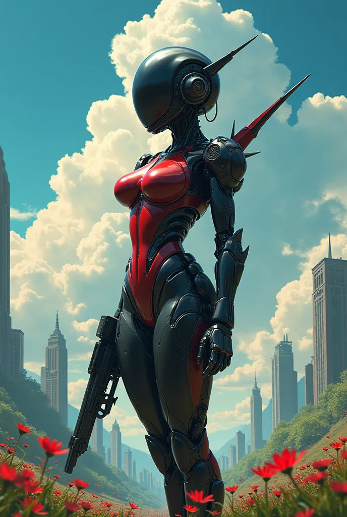 Studio Ghibli style Background  langit indah berpadu dengan warna, gedung tinggi,pedesaan ,beautiful cyborg woman,Mecha Cyborg Girl,Battle Mode,Girl with a Mecha Body, sexy big breast up ,She wears a advance electro galaxy Gundam black red metalic glossy m...