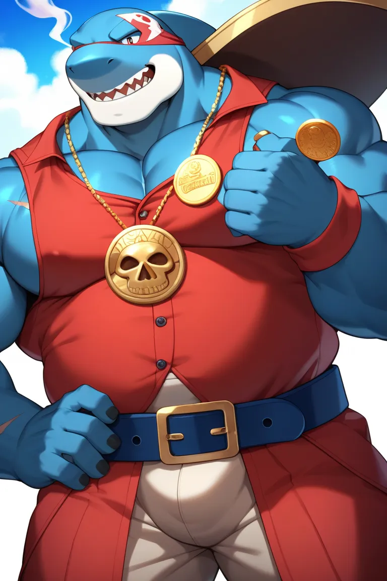 Mature male, anthro, bara, musclegut:0.2, tall, (small waist), (biceps, thic arms), (thick jaw), (broad chin), (kemono), (blue shark), blue skin, killer in gang, pirate costume, weapons on belt, smoking, skull medal, scars,coins, bad boy, pose 