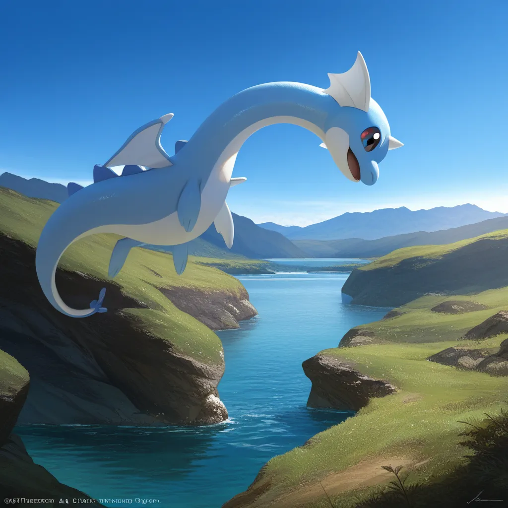 masterpiece, better quality, A dratini, Pokémon Dragão, without humans, Alone, water, sereno,  sky, blue  sky