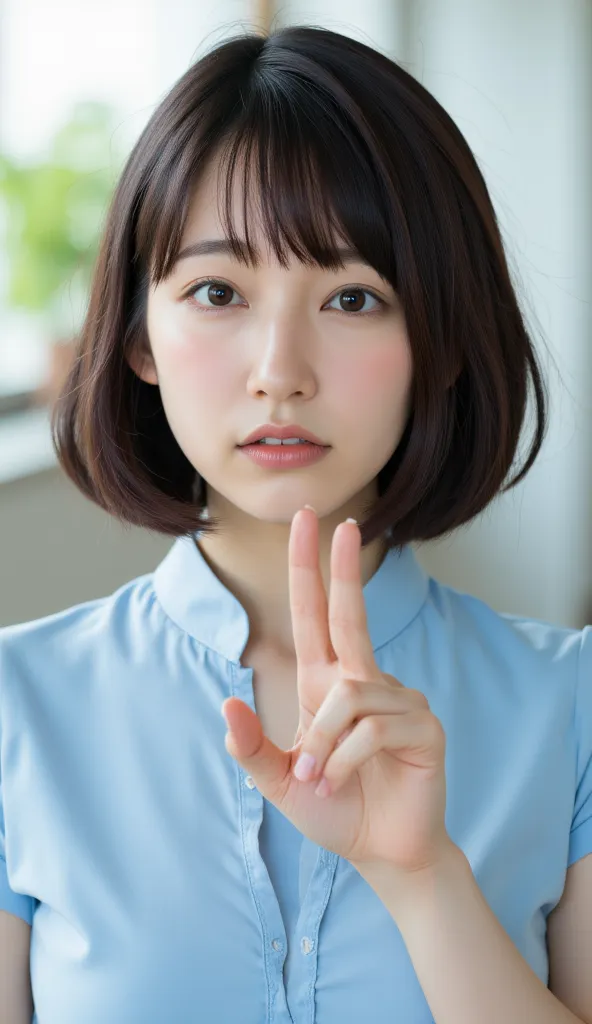  masterpiece, Best Quality,  super precise. 1 Japanese girl,   mature face、bob cut the blue cloth,   black hair,  focus on the face、open the index finger and middle finger of your right handＶSign 、ＶLook at me from between the fingers of the sign