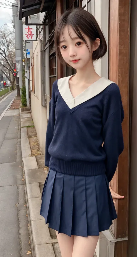 sailor suit, navy blue skirt ,20 years old,younger,thin:1.4,Lanky,,cute girl,has narrow shoulders,Thin arms, white skin, Read more,brown eyes,, black hair,Japanese,brown eyes,Hair ties,(smile:0.2), Long Sleeve,Winter clothes,small breasts,thin,Lanky,short,...