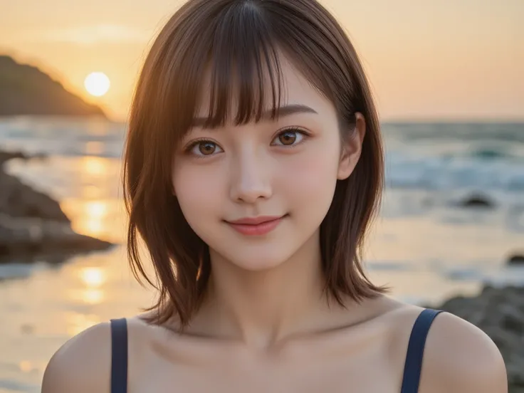  A ultra detailed 1girl raw photos, she has a board that says “SeaArt.ai”, ultra detailed pupils of dark brown eyes with catchlight, ultra detailed youthful face , smile, she is wearing a Japanese high school swimsuit , ultra detailed sexy pose, on the bea...