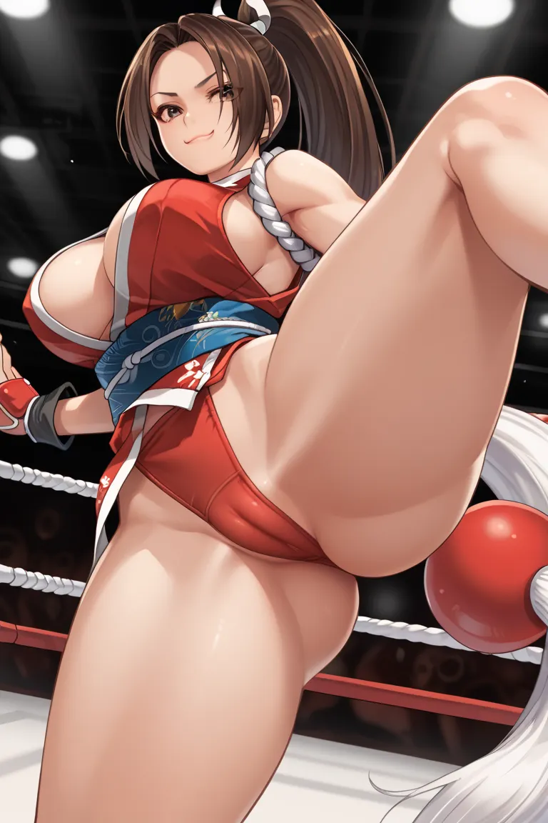 mai shiranui, _ King of Fighters , standing, BREAK score_9, score_8_arriba, score_7_arriba, score_6_arriba, score_5_arriba, score_4_arriba, Trampling , sole de foot, kicrey viewer, Lifting one leg, dynamic pose, from below,  smug face, Camel toe, martial a...