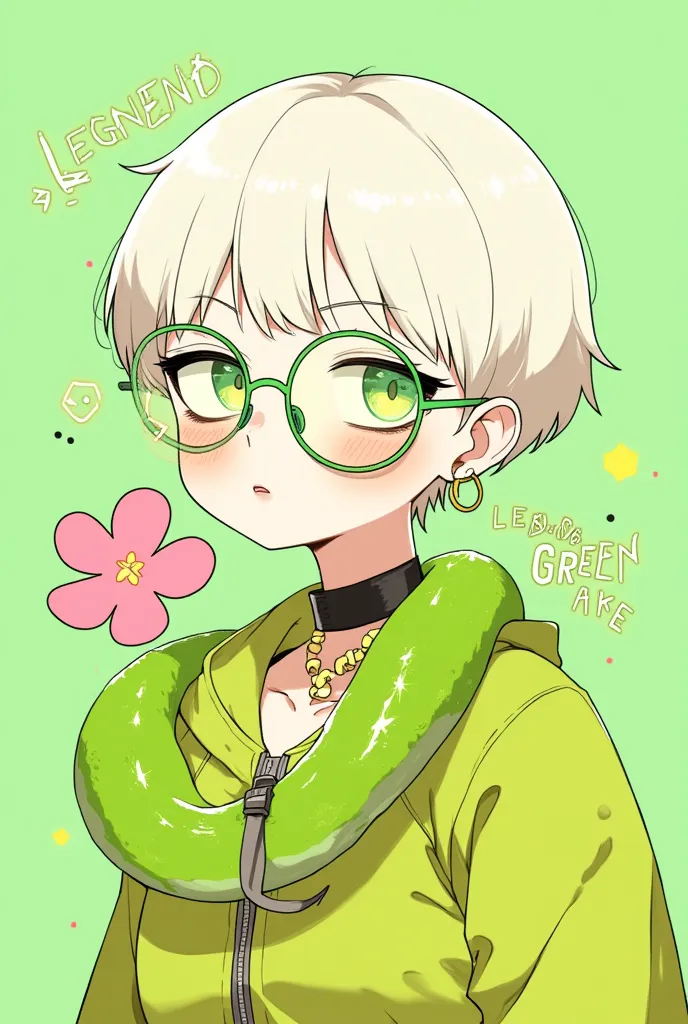  cartoon.The image shows a stylized young woman with short white hair and round green glasses. She is wearing a lime green jacket and a choker with gold and black details.  A light green snake, large and apparently harmless, is wrapped around her neck and ...