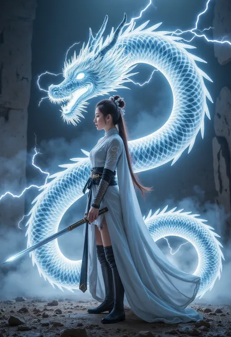  Can you create a beautiful Reaper style female  ，  All the lines are lightning  ，  to create a lightning dragon  ???   just like he's in the dragon  ,  with no texture  ，  This dragon consists entirely of lightning  ,  A swordsman is a human  ，  his sword...