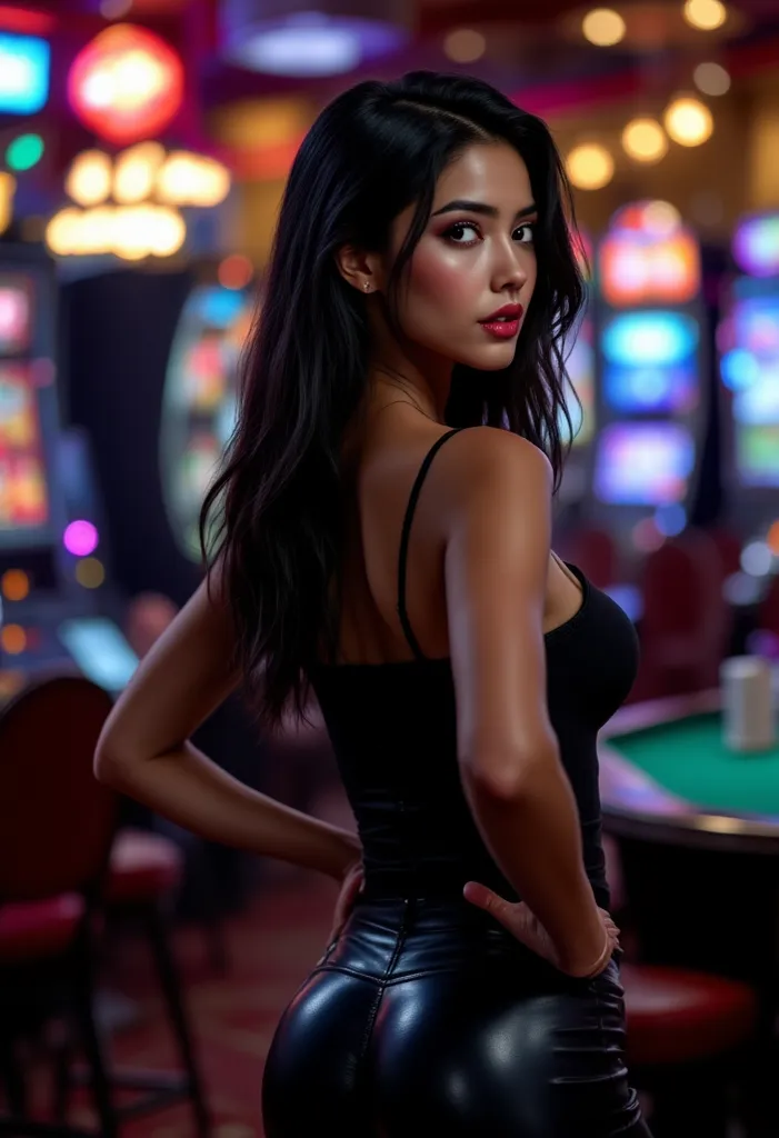  Casino photo, standing, nice arch, sexy hips, very round buttocks, Asian, 20 years old, dark skin, black hair, lots of volume at the top of the head, straightened locks of different lengths, large breasts, black push-up bustier, leather pants