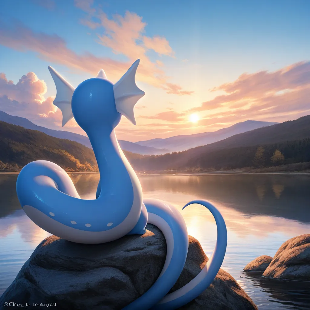 masterpiece, better quality, A dratini, Pokémon, without paws, Alone, water,  sky, blue  sky