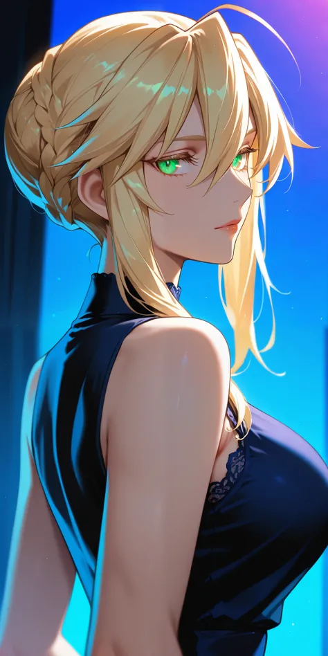 Masterpiece, very aesthetic, vibrant, high contrast, high resolution, ultra detailed, elegant mature woman, artoria Pendragon (lancer), casual Sleeveless clothes, upper body, soft light, best quality, newest, castlevania: nocturne anime style, 