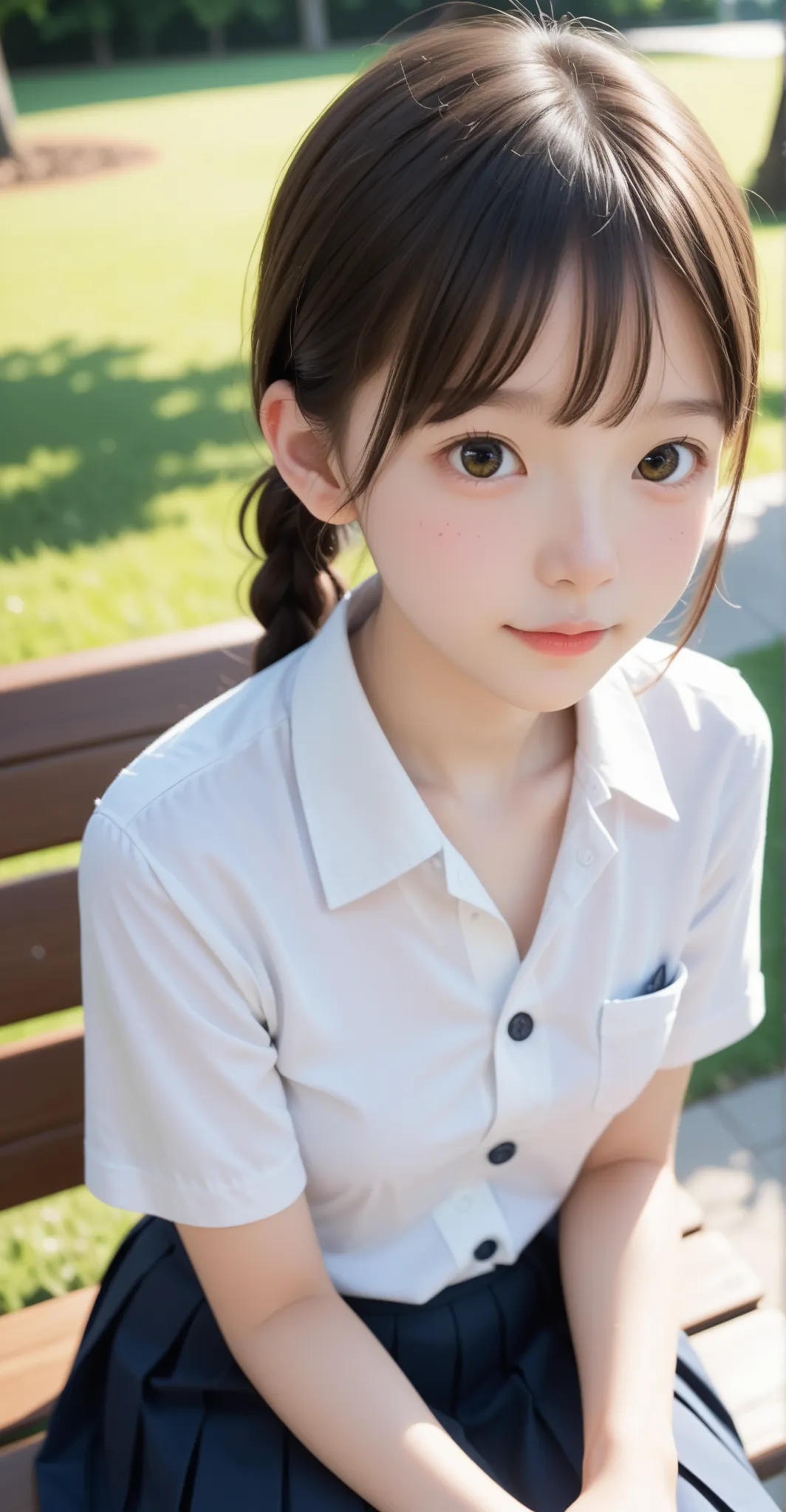 score_9, score_8_ up, score_7_ up,cute girl,sunlight,school uniforms,slender,thin body,thin,Lanky,Young, young and cute girl with her dad,(  white skin:1.0),blouse buttons off,shot from above,toddler body:1.1, sitting on a park bench,D Cup Breasts