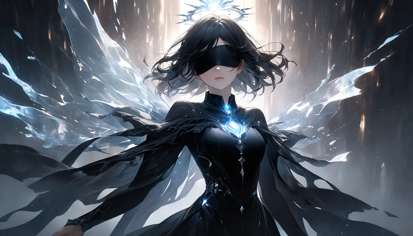 A mysterious, ethereal female figure with short, jet-black hair, softly illuminated by ambient lighting. Her eyes are concealed behind an intricate, crystalline black blindfold, resembling fractured obsidian or a delicate dark glass texture that subtly cat...