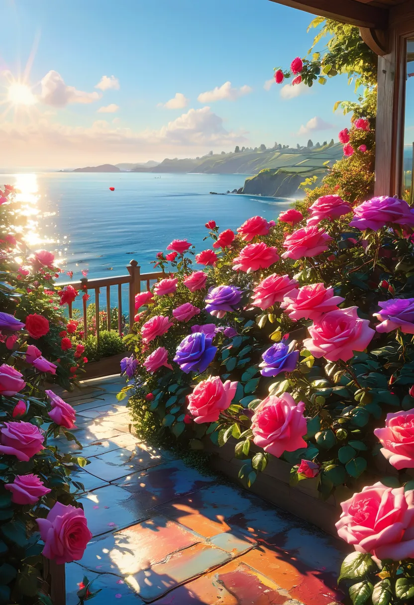 Prompt:
Flower garden by the sea with morning sunlight sunlightWorld paintings are colorful,Red roses, blue roses, purple roses, pink roses.Very quality 8 KL, 4, K