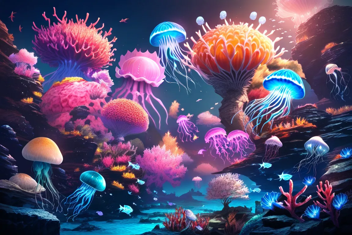 "A mesmerizing underwater world featuring corals, jellyfish, and sea anemones, bioluminescent jellyfish floating gracefully, vibrant coral reefs with small fish swimming, realistic marine ecosystem, deep blue ocean background, cinematic lighting, ethereal ...