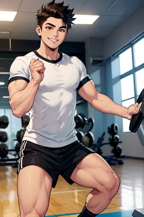 Perfect face. Perfect hands. A spiky black haired man with brown eyes in a tight t-shirt and shorts is smiling while working out in a gym.