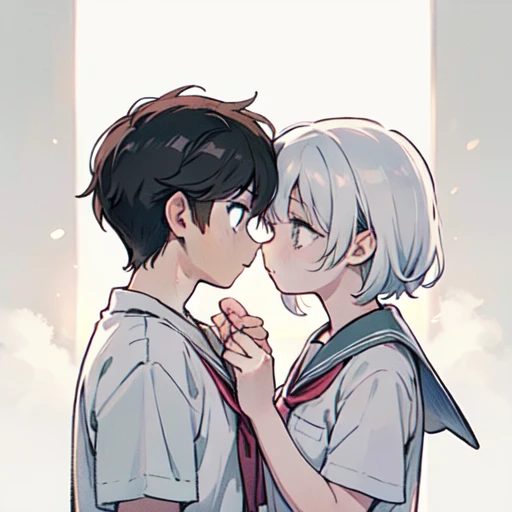 (Best Quality),(illustration of a high school boy and girl having a conversation:1.2),(boy in school uniform:1.1),Girl in sailor suit,indoor background,upper body,(Blurry background),Dark Hair, staring at each other,Duo,(hand on another’s cheek),Atmospheri...