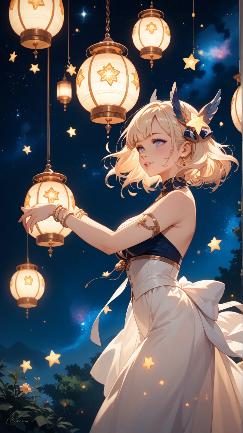 Countless glowing lanterns floating in the night sky. The lanterns emit a soft, warm light, creating a dreamy and magical atmosphere. They slowly ascend into the sky, forming a beautiful contrast against the star-filled night. The overall ambiance is seren...