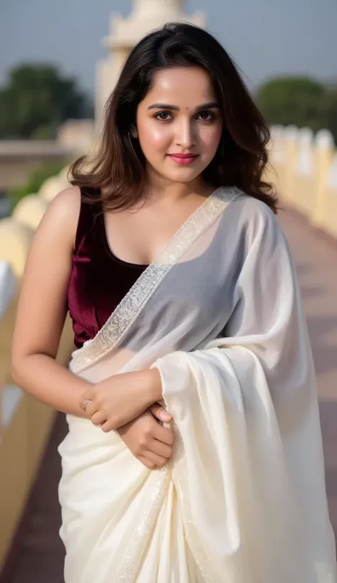 there is a white skin tone chubby curvy woman in a white sari and reb maroon velvet blouse standing outside of the temple, with lovely look, with a seductive smile.