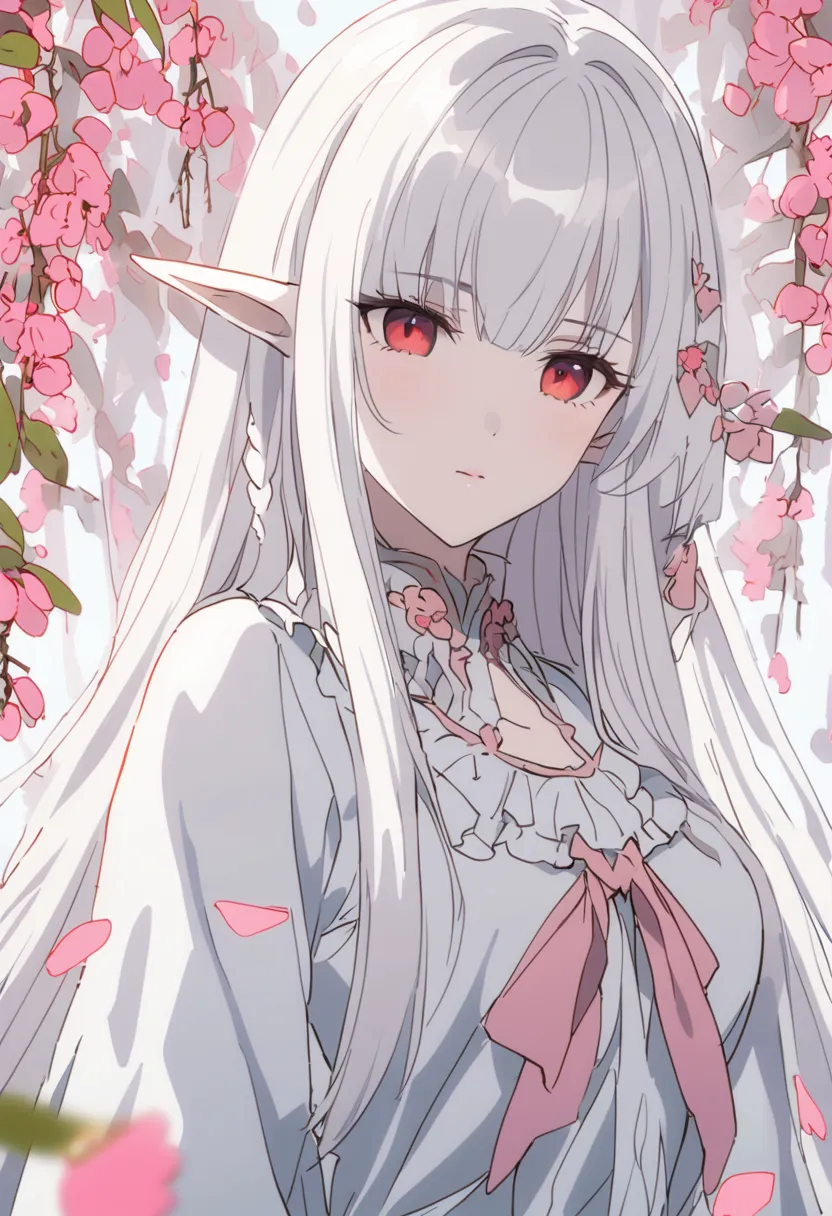  A very beautiful female elf, pale skin, her hair is white,  Her hair is long and loose , her hair shining, red eyes, The elf woman has.a kind expression on her face, she's in the middle of a cherry forest, pink petals , It's daytime and she's wearing a li...