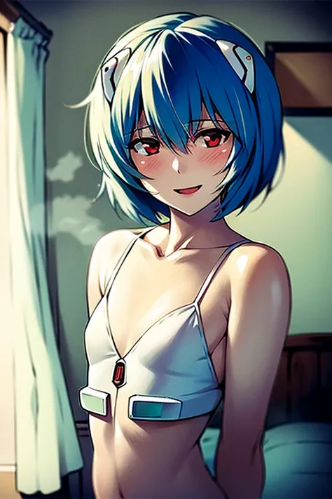 ((Best Quality)), ((masterpiece)), (be familiar with), perfect face, indoors, bedroom, viewer,
One woman, Rei Ayanami,
open mouth, steam clouds drift, blush, smile,
 small tits, flat chest, Young girl,  lori,  ,  girl,
Short Hair, short hair,
 open,