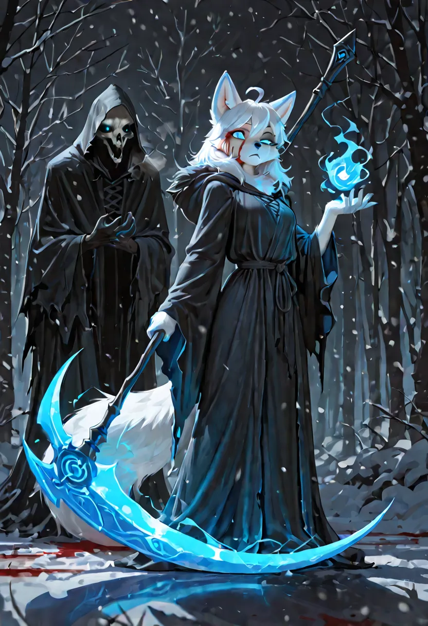 masterpiece, best quality, ultra-detailed, best illustration, solo, 1girl, dynamic pose, furry, anthro, fox, white fox, white fur, blue eyes, dark robe, robe, reaper, BigBig, furry, animal ears, animal tail, fur, body fur, cold, blood, blood in face, glowi...