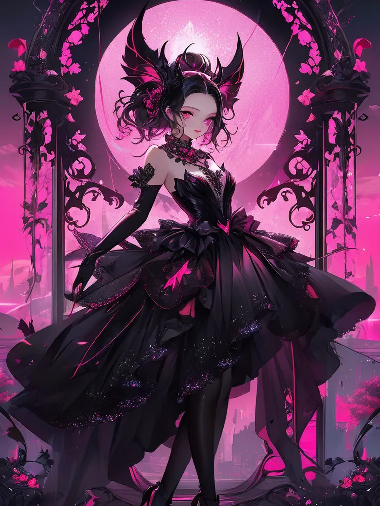 A devilish beauty in black and neon pink. The illustration has a friendly feel, and is beautiful and cute.