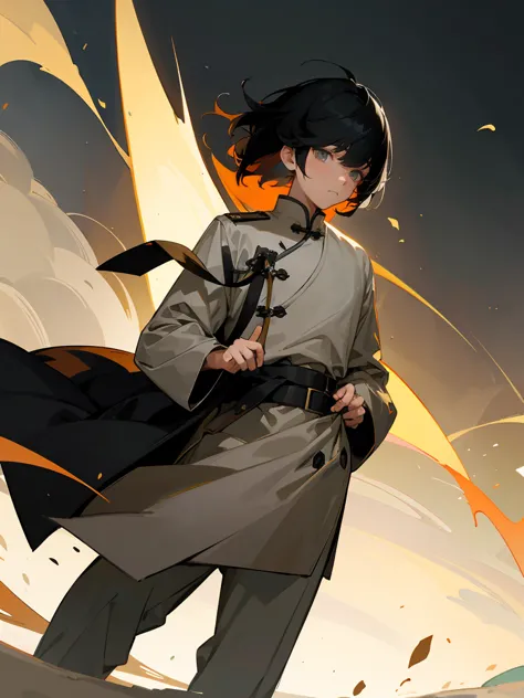 1male , Angle Cut Bangs , Chinese Cut Bangs , Messy Bowl Cut Hair , Black Hair ,Calm Expression , Standing On Path , Fitted Grey Longsleeve Shirt , Sash Belt , Military Shortsleeve Coat , Detailed Generation, Masterpiece Quality 